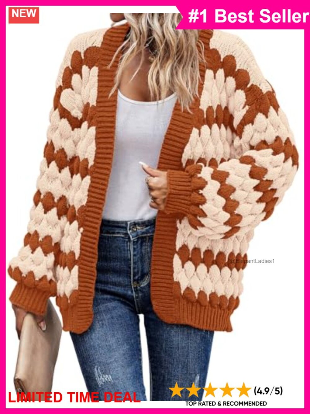 Chunky Cable Knit Open Front Cardigan Sweater Lantern Sleeve